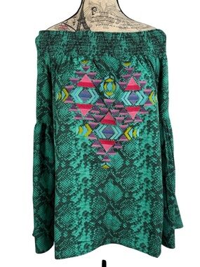 Judith March Boho Green Snake Print Embroidered Heart Off-Shoulder Top Size M